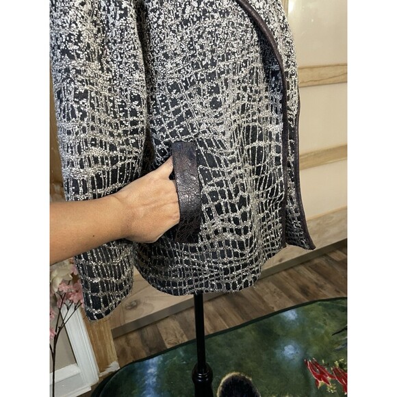 Alberto Makali Cropped Sleeve Open Blazer Leather Detailing Tweed Brown Size S - Picture 5 of 11